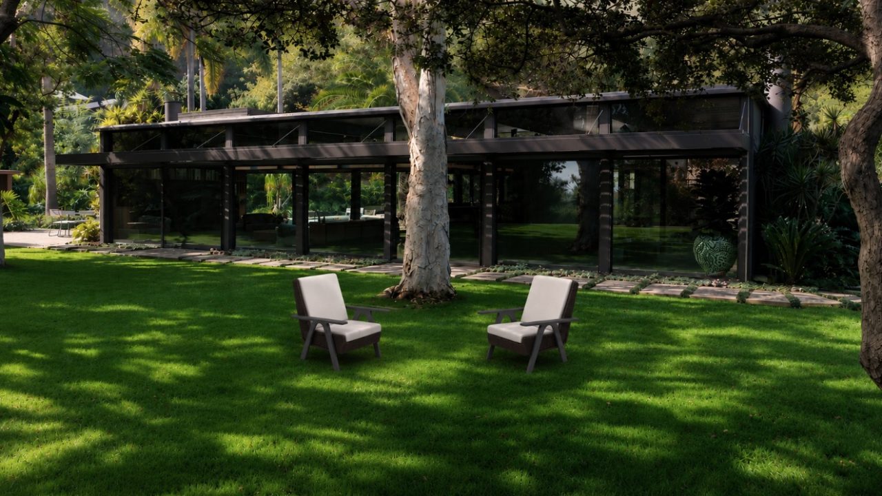 Two cushioned chairs sit on a green lawn in front of a modern glass house, with a large tree casting shadows on the grass.